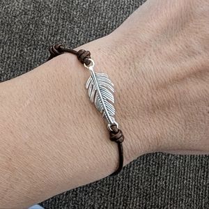 Silvertone Feather Friendship Bracelet with Brown Adjustable Cord NEW